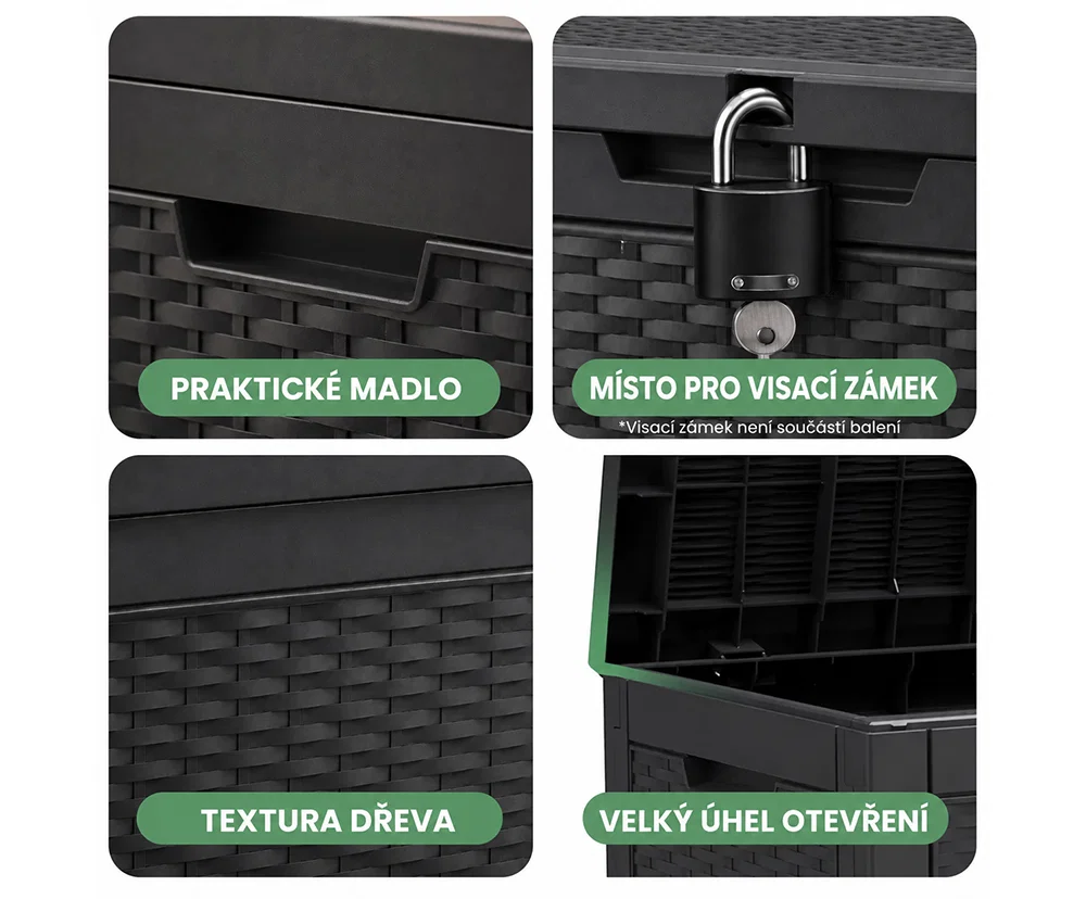 Záhradný úložný box na podušky a náradie 340 l, čierny, vodoodolný, 119×58×52 cm