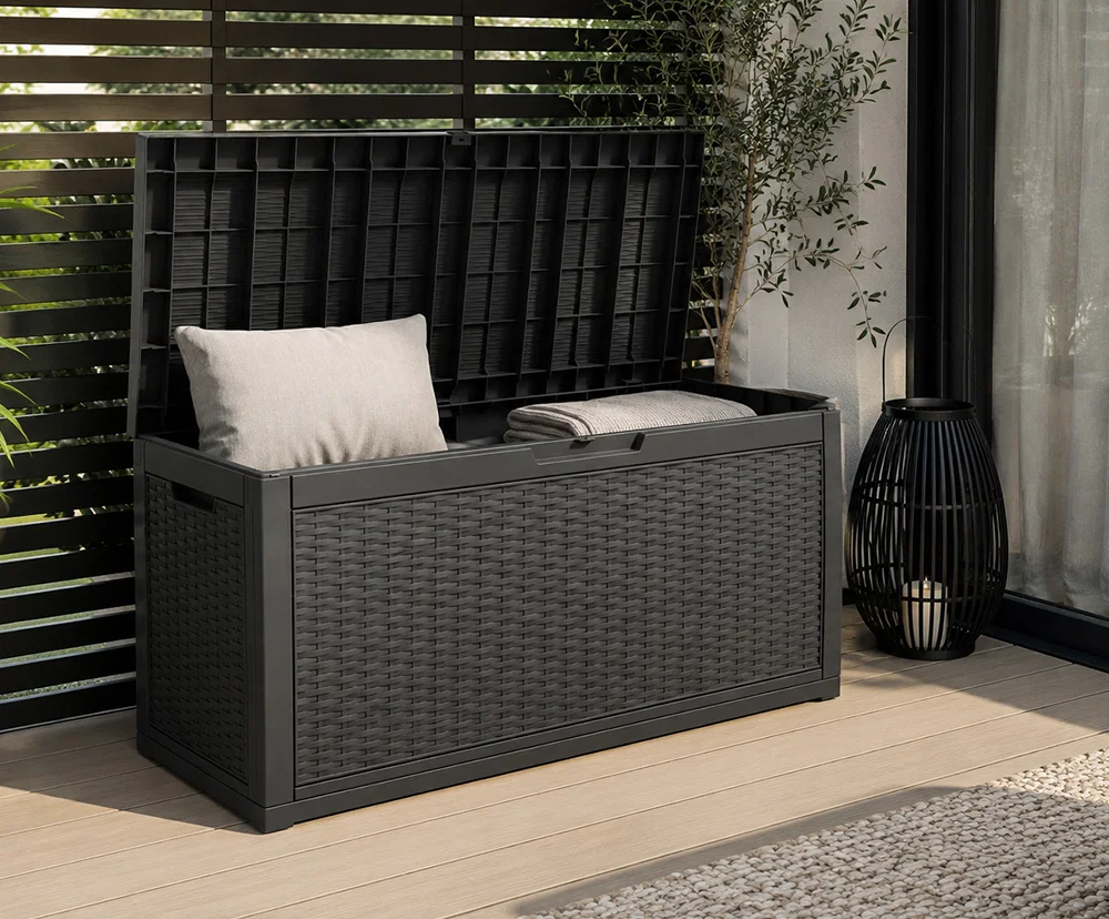 Záhradný úložný box na podušky a náradie 340 l, čierny, vodoodolný, 119×58×52 cm