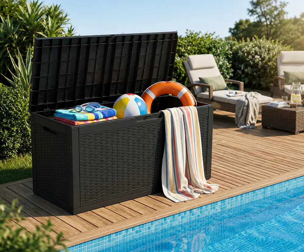 Záhradný úložný box na podušky a náradie 340 l, čierny, vodoodolný, 119×58×52 cm