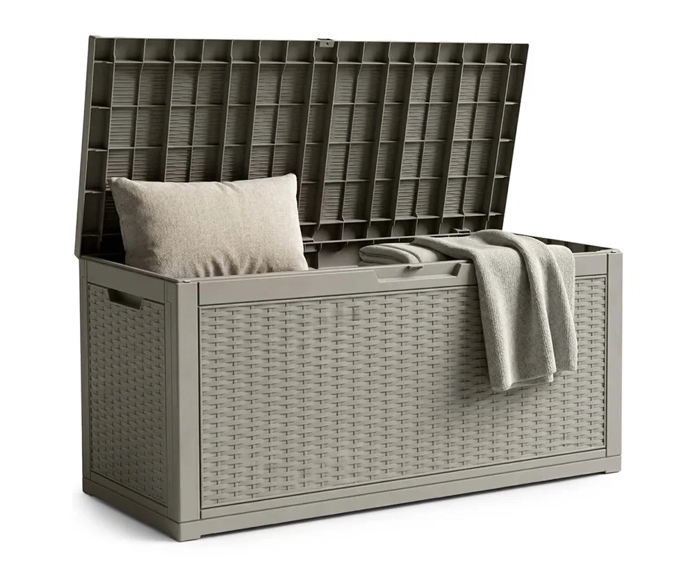 Záhradný úložný box na podušky a náradie 340 l, sivý, vodeodolný, 119×58×52 cm