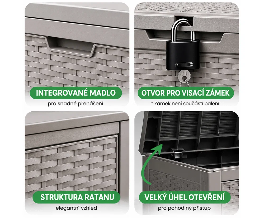Záhradný úložný box na podušky a náradie 340 l, sivý, vodeodolný, 119×58×52 cm