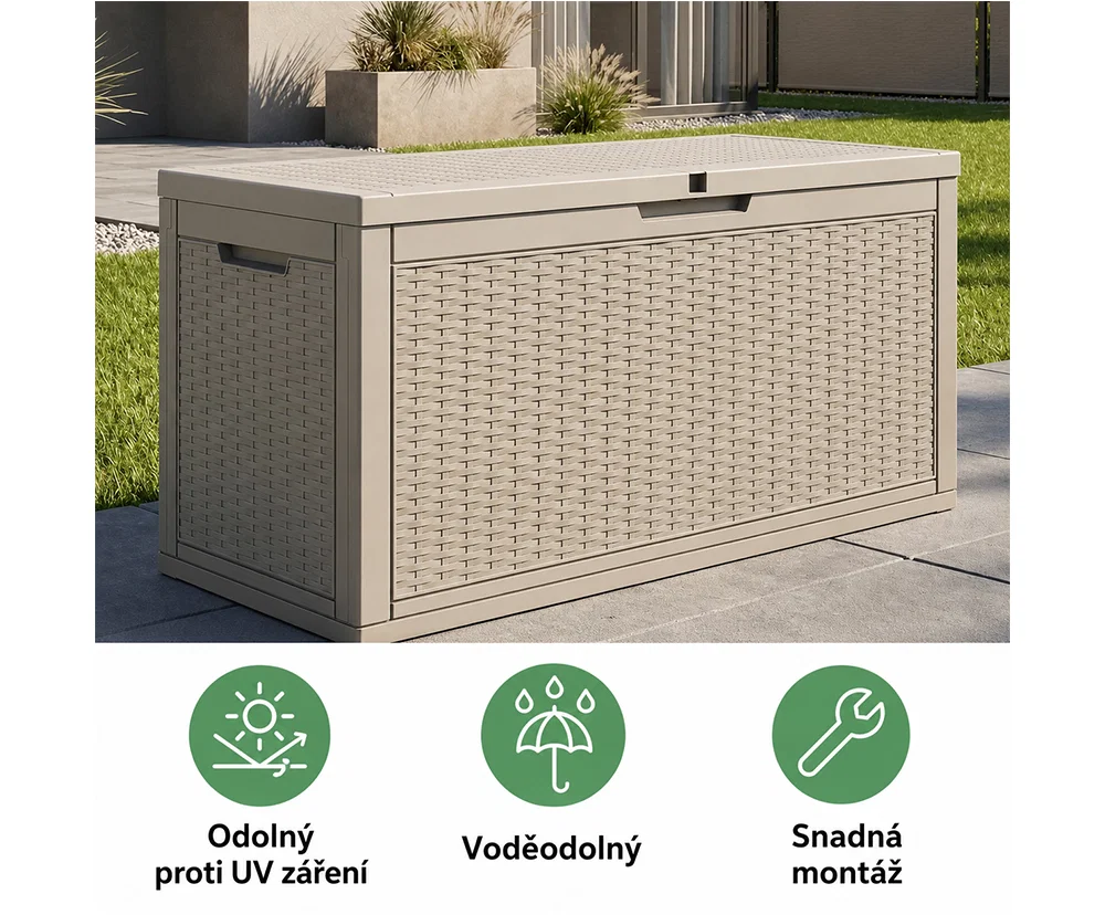 Záhradný úložný box na podušky a náradie 340 l, sivý, vodeodolný, 119×58×52 cm