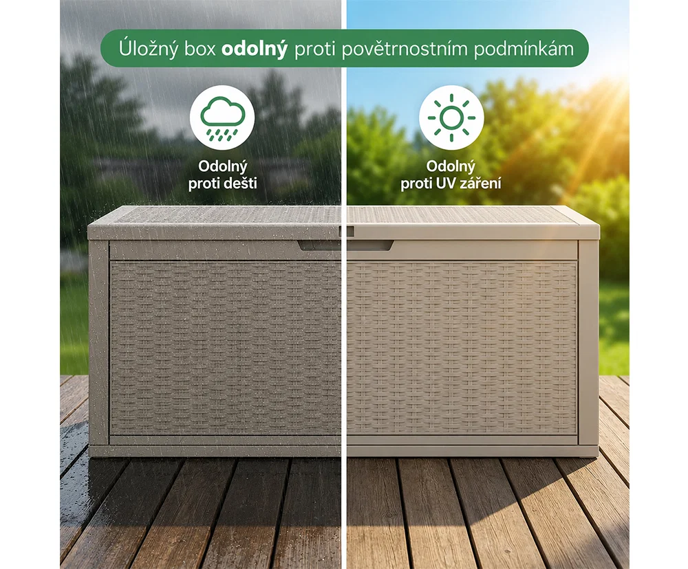 Záhradný úložný box na podušky a náradie 340 l, sivý, vodeodolný, 119×58×52 cm