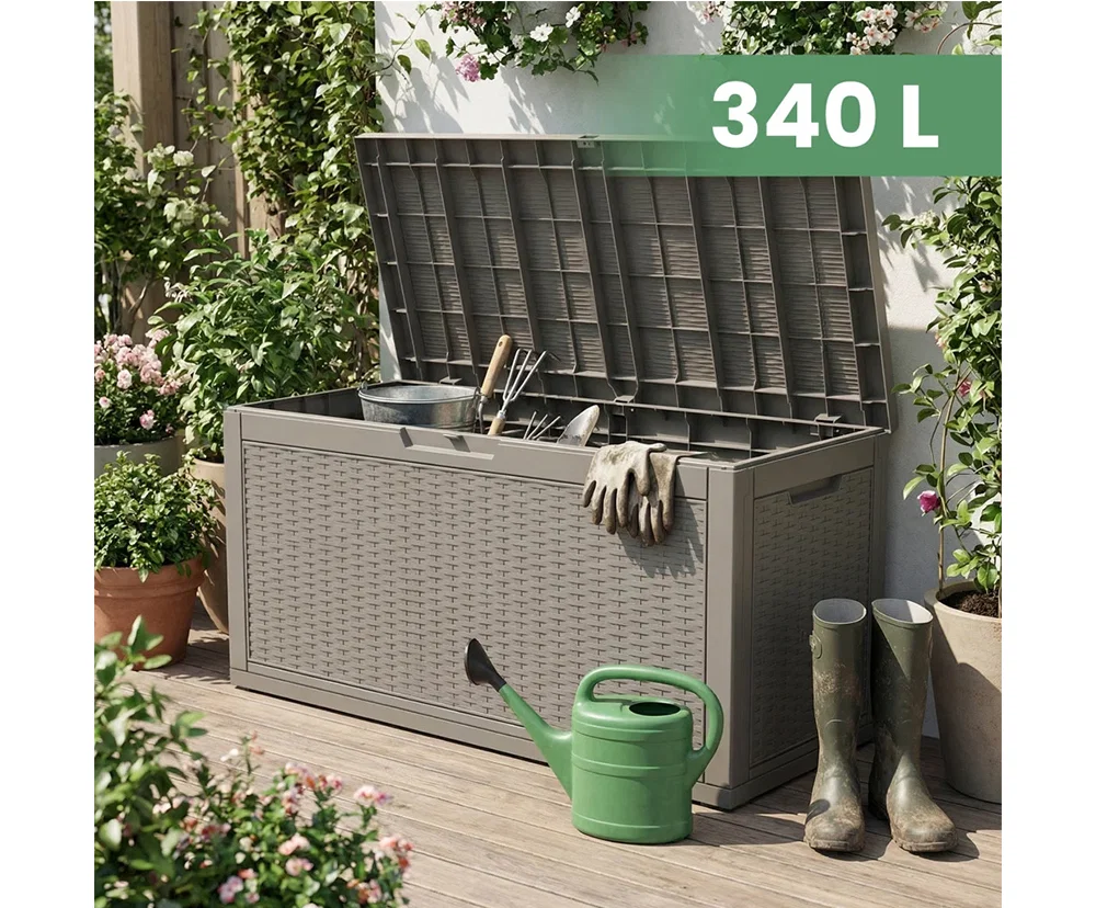 Záhradný úložný box na podušky a náradie 340 l, sivý, vodeodolný, 119×58×52 cm