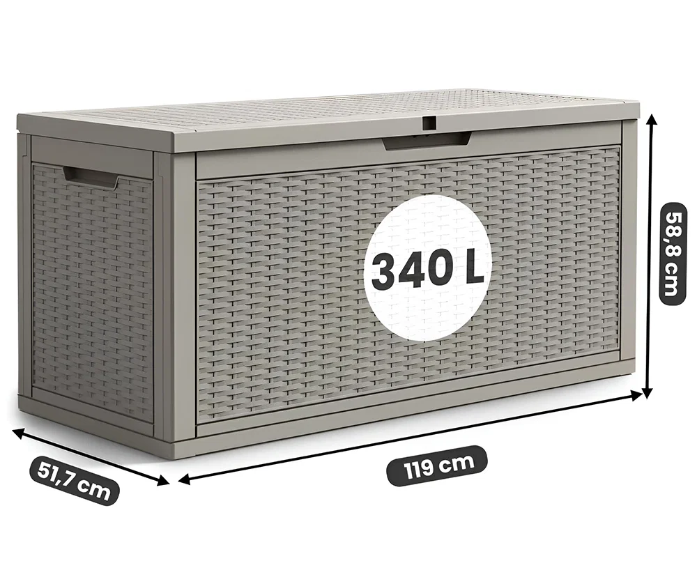 Záhradný úložný box na podušky a náradie 340 l, sivý, vodeodolný, 119×58×52 cm
