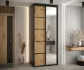 Šatníková skriňa DAVOS 5 posuvné dvere a zrkadlo, 100×235×45, Čierna / DUB Artisan / čierne pojazdy