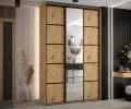 Šatníková skriňa DAVOS 5 posuvné dvere a zrkadlo, 150×235×45, DUB Artisan / čierna / čierne pojazdy