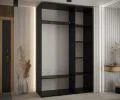 Šatníková skriňa DAVOS 5 posuvné dvere a zrkadlo, 150×235×45, Čierna / biela / strieborné pojazdy