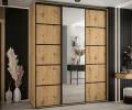 Šatníková skriňa DAVOS 5 posuvné dvere a zrkadlo, 200×235×45, DUB Artisan / čierne pojazdy