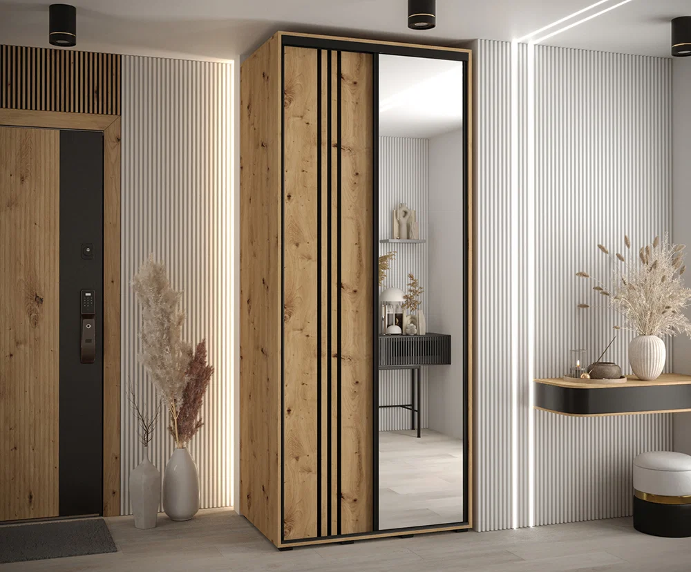 Šatníková skriňa DAVOS 7 posuvné dvere a zrkadlo, 100×235×45, DUB Artisan / čierne pojazdy